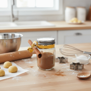Pot de mélange d’épices maison pour pain d’épices, artisanal, avec cannelle, gingembre, muscade, anis et piment de la Jamaïque.